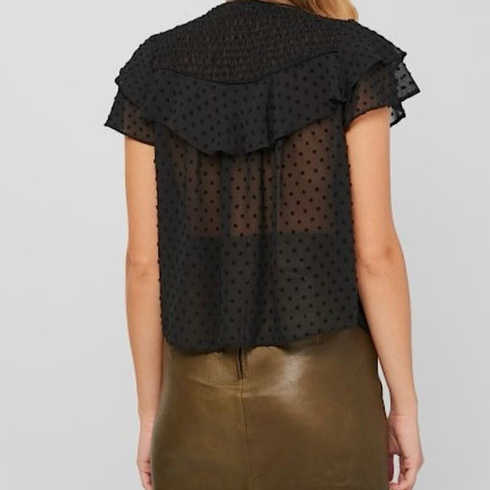 ZARA Black Plumeti Sheer Ruffle Flutter Sleeve Smocked Blouse Top EUC Size S - Picture 5 of 6